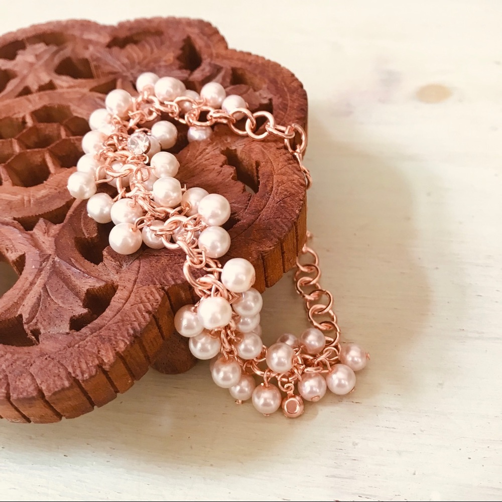 Multi-Charm Bracelet Faux Rose Gold Pearls Diamond